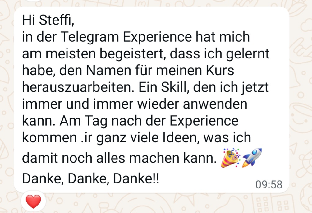 Kundenstimme Telegram Experience "Ein Skill, den ich immer wieder anwenden kann" Kundenstimme Telegram Experience "Ein Skill, den ich immer wieder anwenden kann"