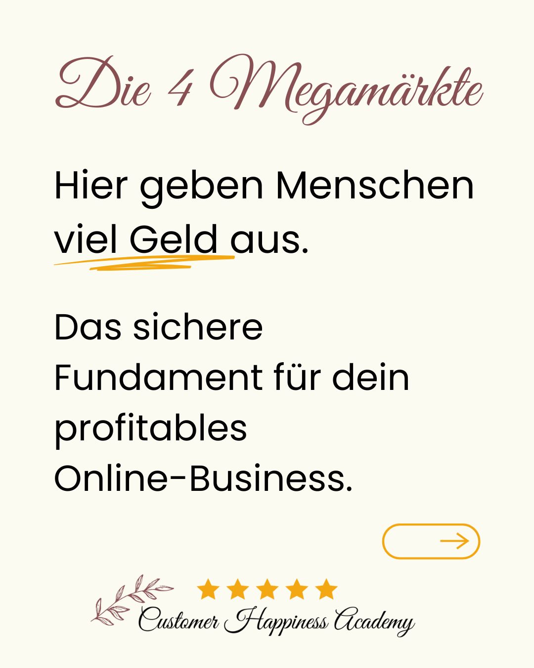 Die 4 Megamärkte Hier geben Menschen immer Geld aus. Text auf beigem Hintergrund: "Die 4 Megamärkte, hier geben Mnenschen viel Geld aus. Das sichere Fundament für dein profitables
Online-Business.", am Ende Logo der Customer Happiness Academy