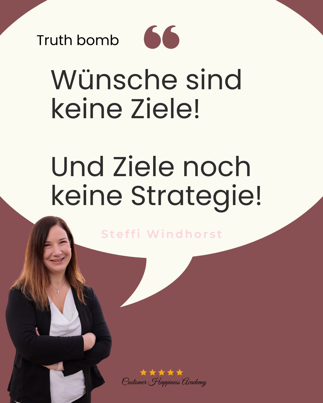 Frau mit Sprechblase "Wünsche sind keine Ziele und Ziele sind noch keine Strategie!"
