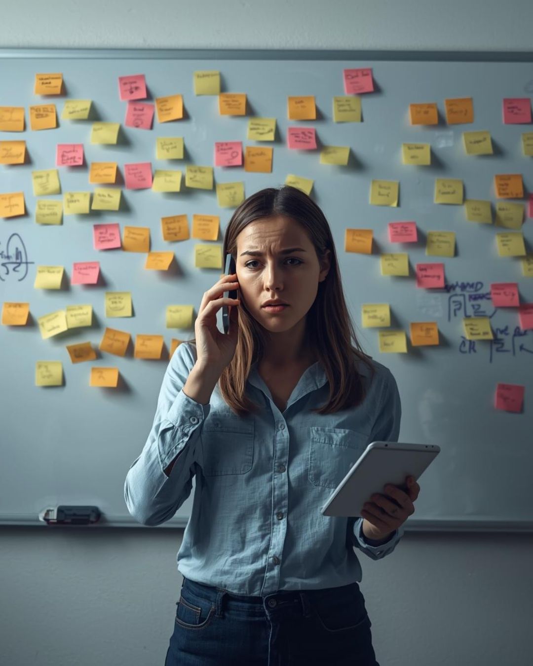 Frau vor einem chaotischen Whiteboard voller Post its, gleichzeitig am telefonieren und E-Mails checken
