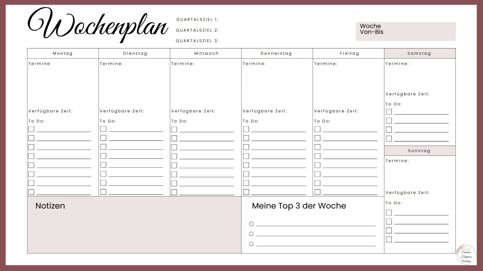 Wochenplan mit Spalten für jeden Wochentag, Übersicht über Ziele und Prioritäten